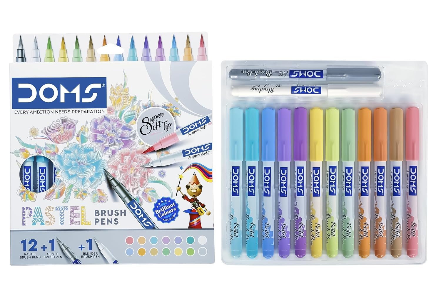 Doms Pastel Brush Pens (14 Shades | 12 + 1 + 1) (Pack of 1), Multicolor