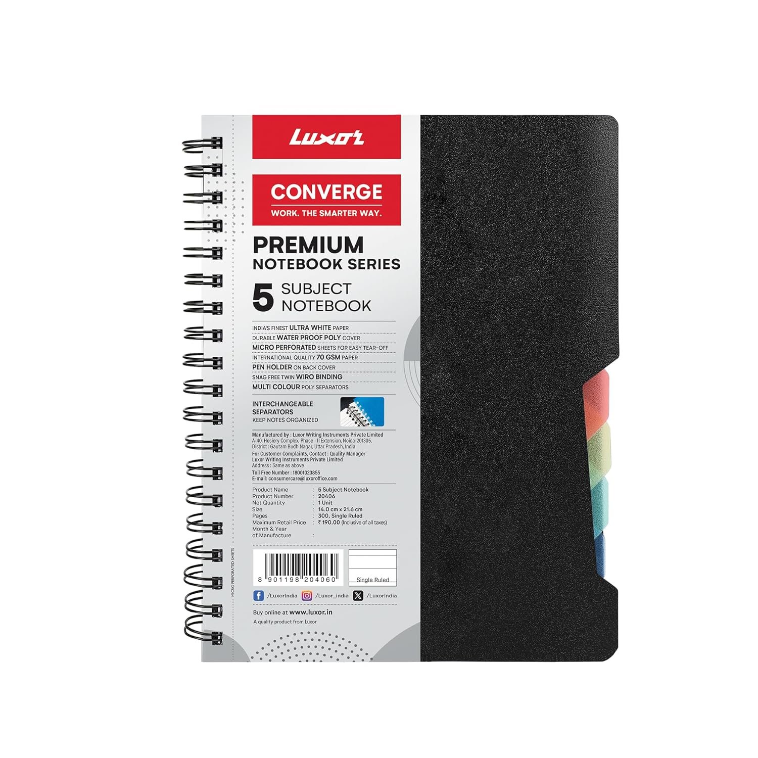 Luxor 5 Subject Single Ruled Notebook | A5 Size | 300 Pages | 70 GSM