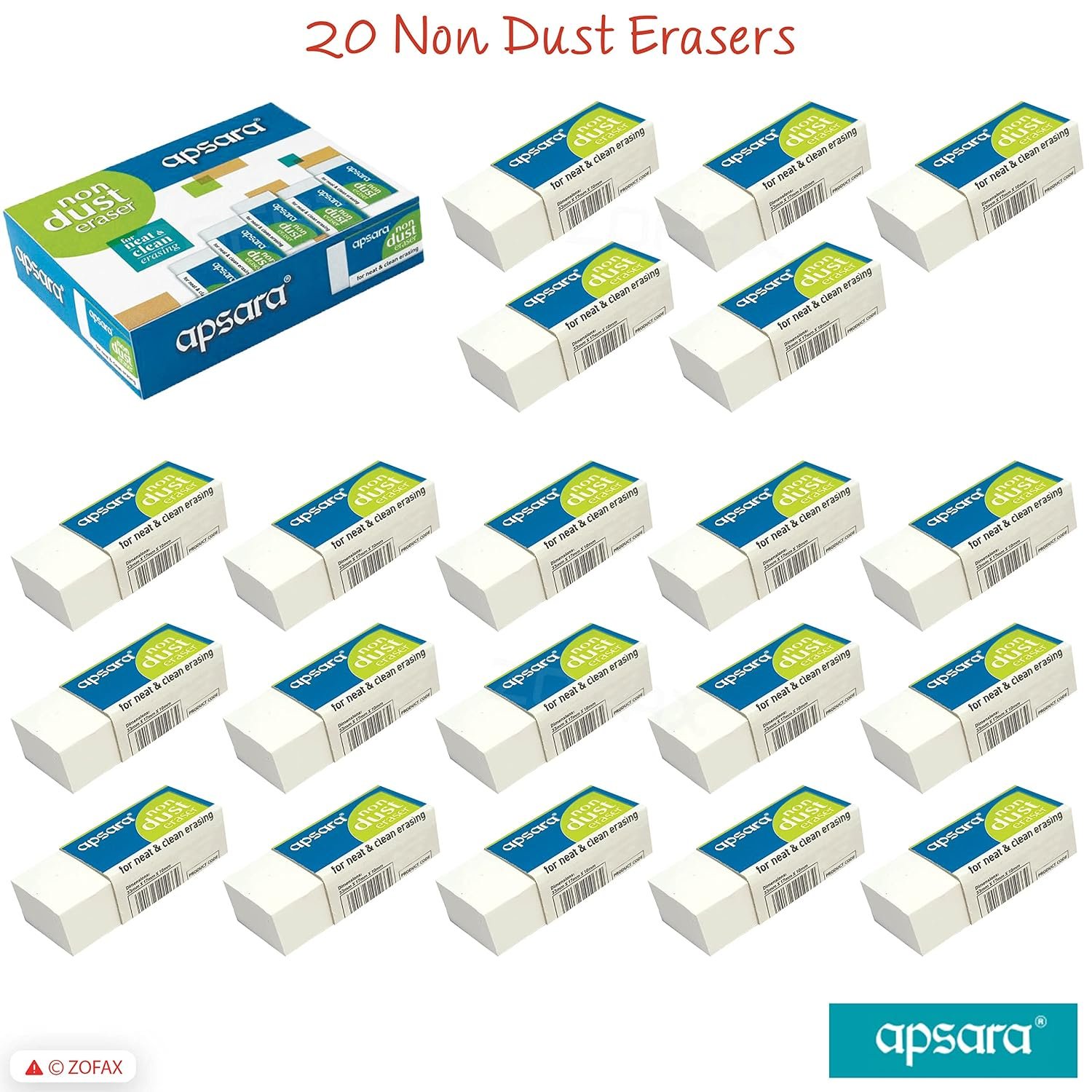 Apsara Non Dust Erasers | Pack of 20