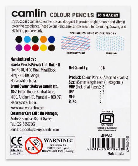 Camlin Colour Pencils | 10 shades Half Size