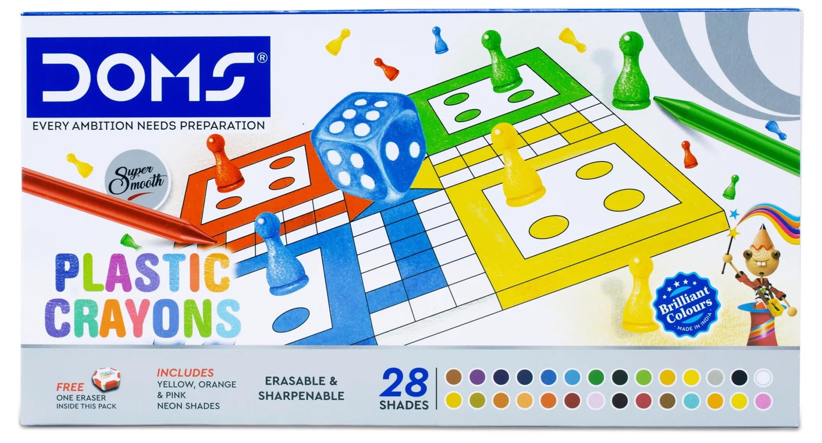 DOMS Plastic Crayons | 28 Shades | 1 Eraser & 1 Sharpener