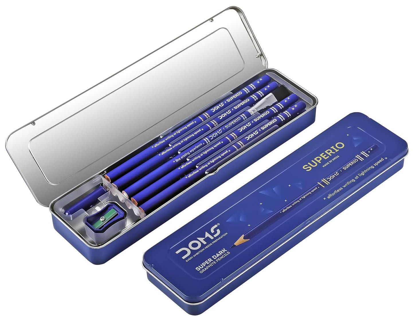 Doms Superio Super Dark Graphite Pencils | Pack of 10 | With FREE 1 Eraser 1 Pencil Sharpner 1 Point Protection Cap & 1 Cleaning Brush| With Storage Case Metal Body