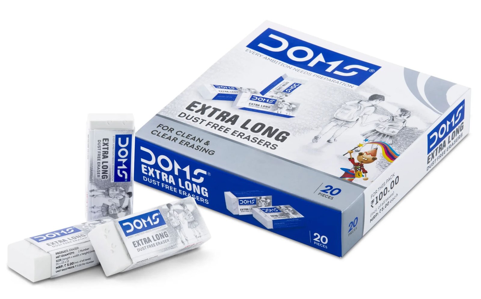 DOMS Extra Long Eraser Box | Pack of 20