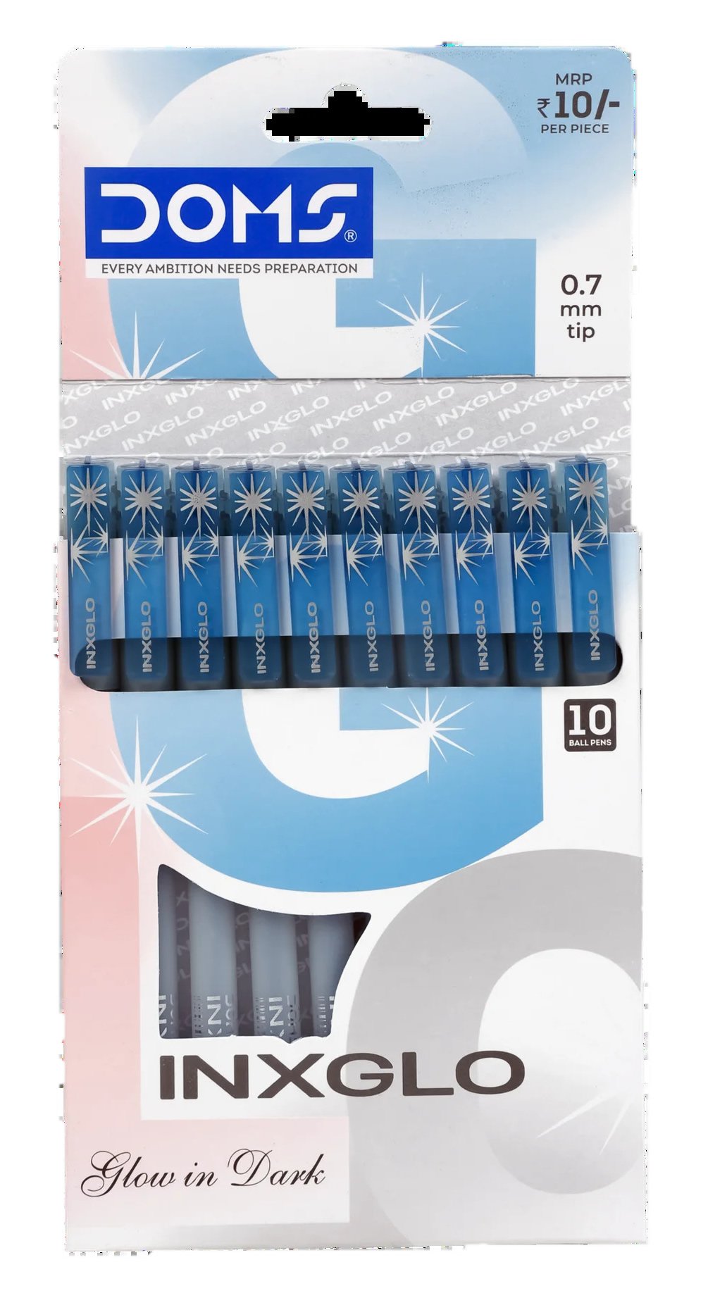 DOMS Inxglo Glow in Dark Ballpen - Blue Ink - 0.7mm Needle Tip | Pack of 10
